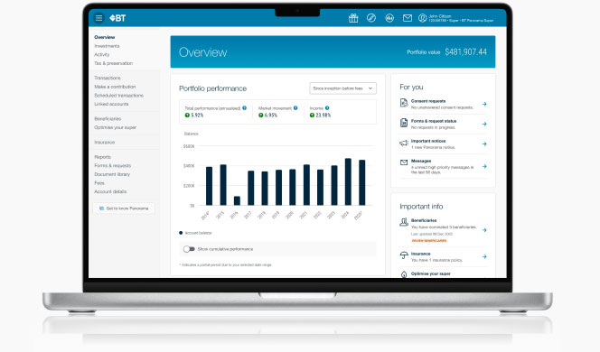 laptop open with the BT Panorama client portal on the screen