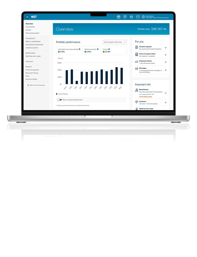 laptop open with the BT Panorama client portal on the screen