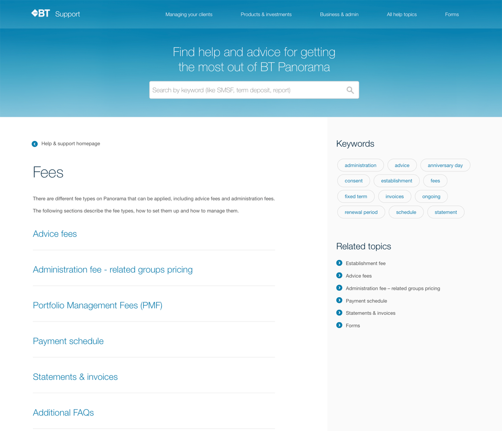 help and support screen for fees