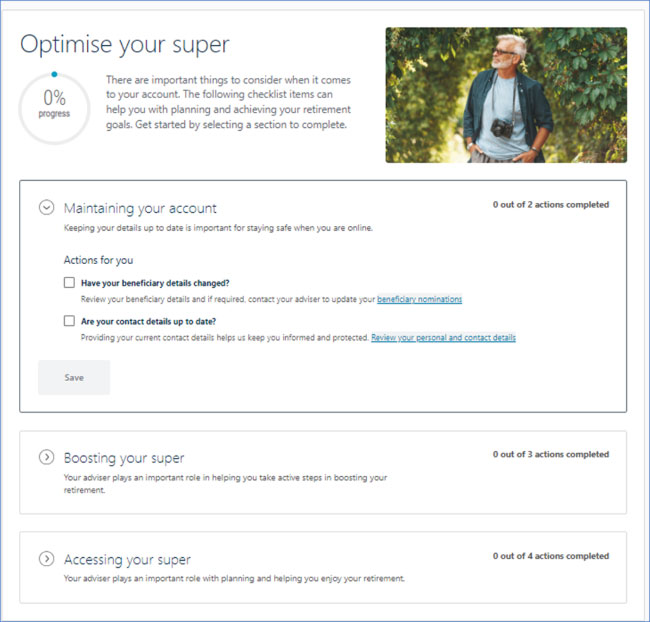 Super version of the Optimise Your Super checklist screen
